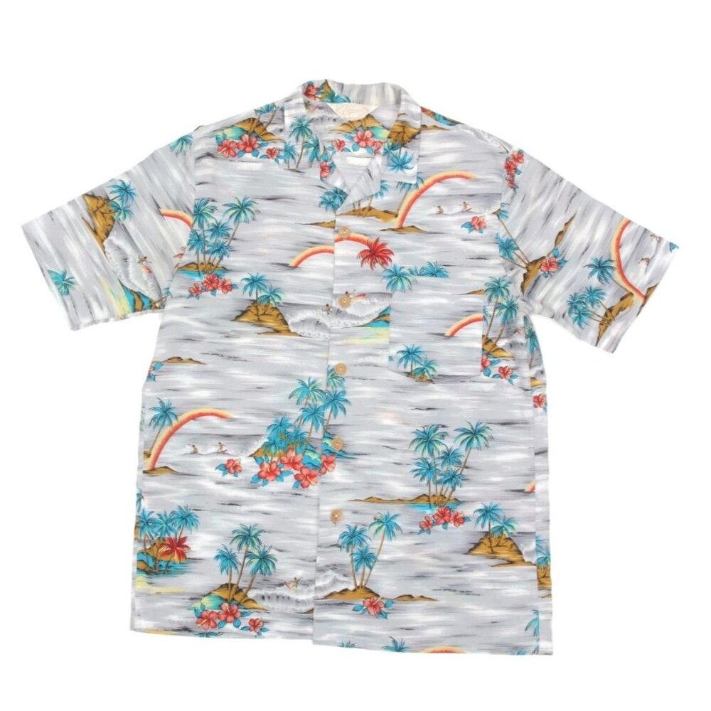 VINTAGE Styled In California Mens Gray Rainbow Shirt 70s Hawaiian Aloha sz M 436